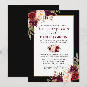 Invitation Élégant Mariage de cadre en or noir floral bordeau