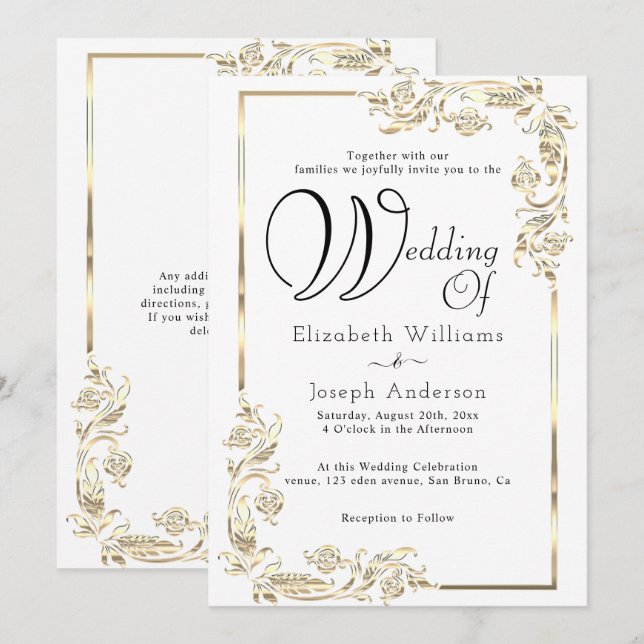 Invitation Elégant Mariage de cadre fleuri Or Budget Luxe (Devant / Derrière)