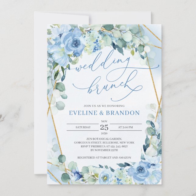 Invitation Elégant Mariage de cadre géométrique bleu et or (Devant)