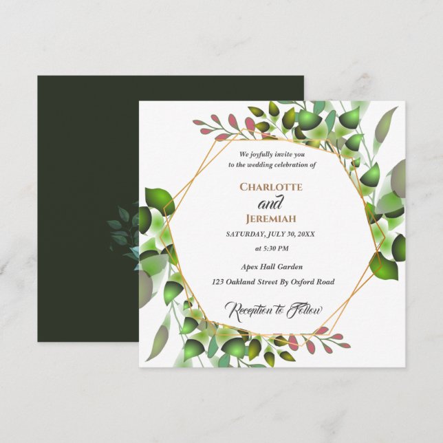 Invitation Elégant Mariage de cadre géométrique de verdure (Devant / Derrière)