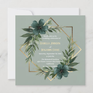 Invitation Elégant Mariage de cadre géométrique or verdure