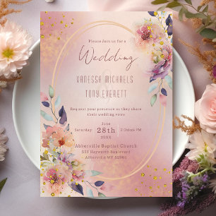 Invitation Élégant Mariage de cadre géométrique rose floral o