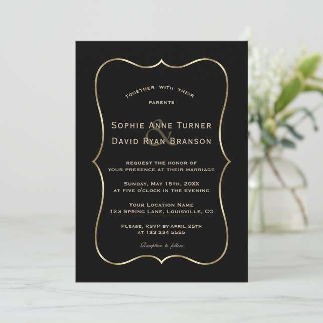 Invitation Élégant Mariage De Cadre Noir Et Or (Debout devant)
