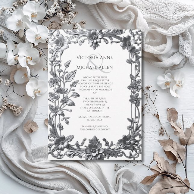 Invitation Élégant Mariage de cadre orné argent (Créateur téléchargé)