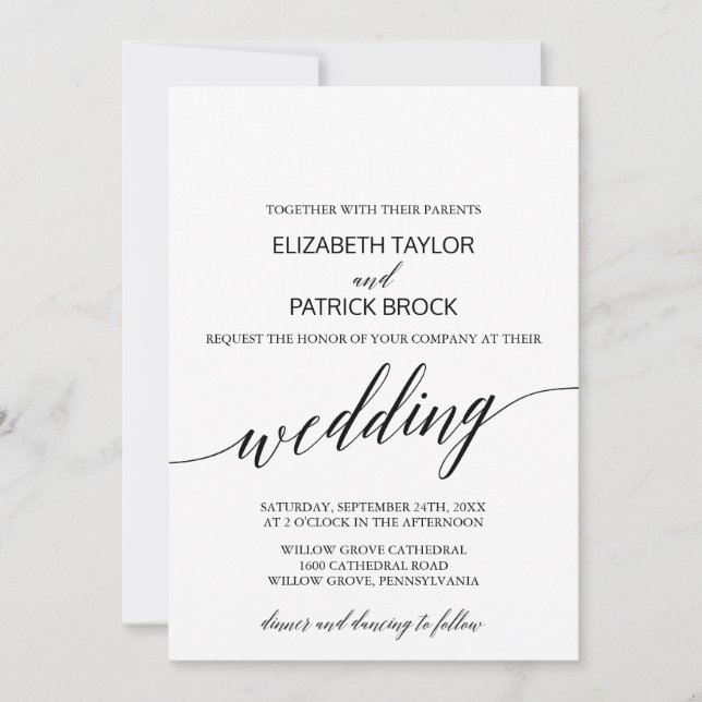 Invitation Élégant Mariage de calligraphie blanche et noire (Devant)