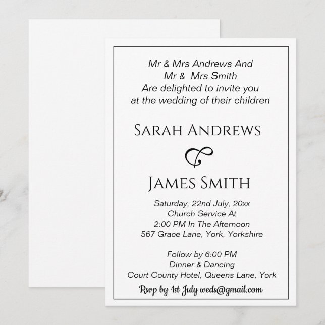 Invitation Élégant Mariage de calligraphie blanche et noire (Devant / Derrière)