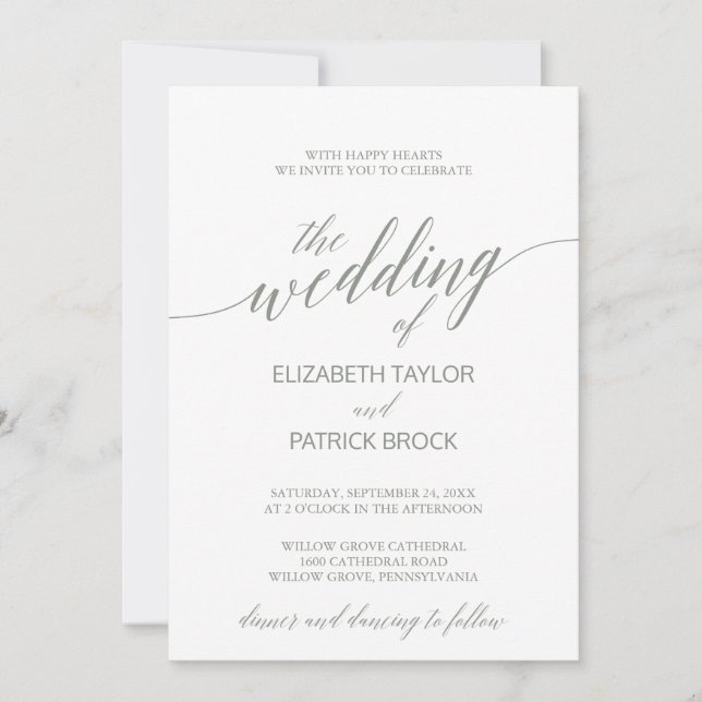 Invitation Élégant Mariage de calligraphie verte Sage (Devant)