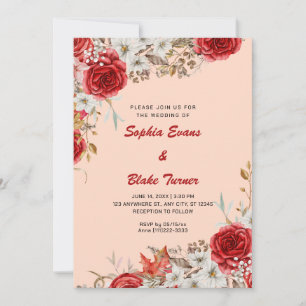 Invitation Élégant Mariage de Campagne Roses Rouges Crème Ora
