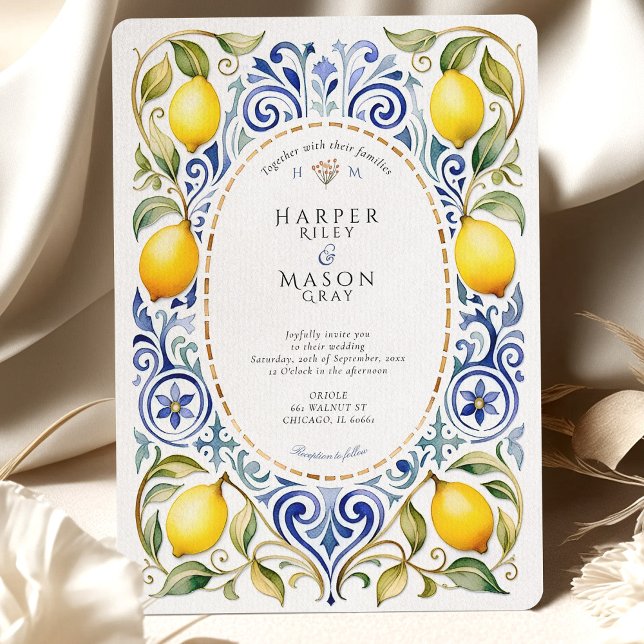 Invitation Élégant Mariage de citron et carrelage bleu médite (Créateur téléchargé)