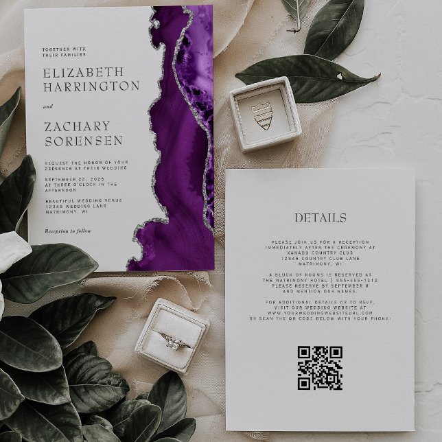Invitation Élégant Mariage de code QR argenté violet Agate (Créateur téléchargé)