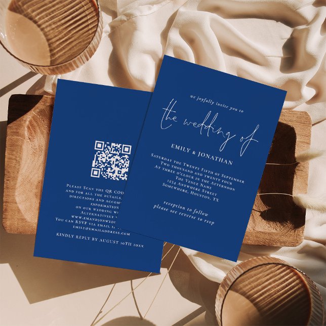 Invitation Élégant Mariage de code QR bleu Script (Front and back view. Available digitally and printed.)