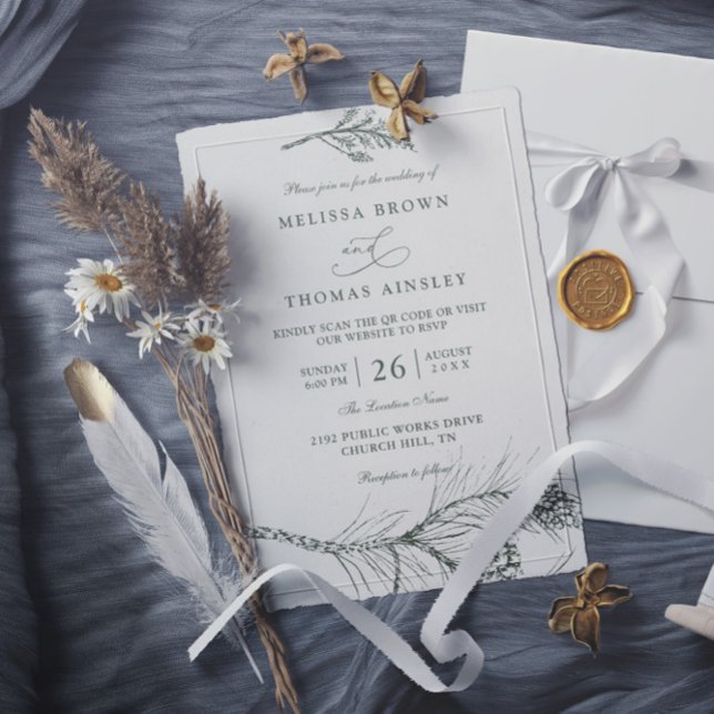 Invitation Élégant mariage de code QR de branche de pin rusti (Créateur téléchargé)