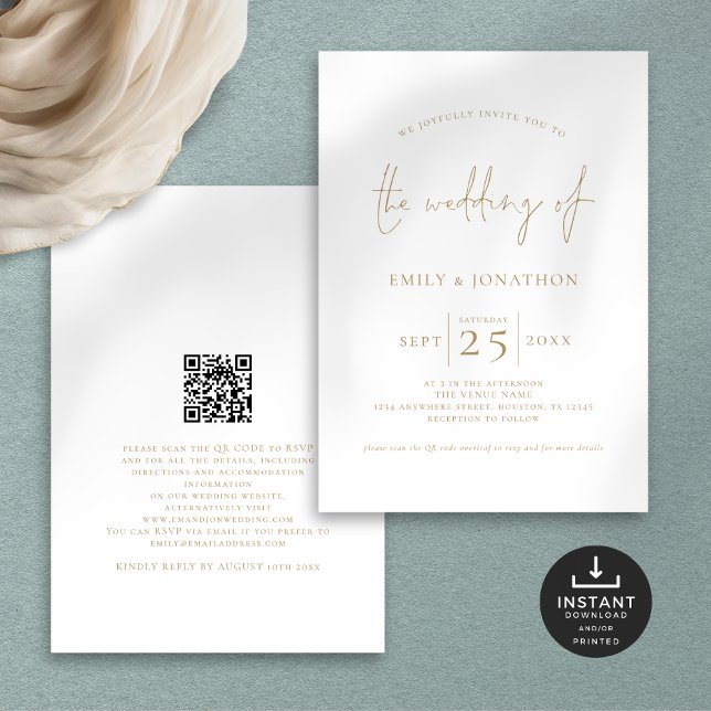 Invitation Élégant Mariage de code QR de script Gold (Front and back view)