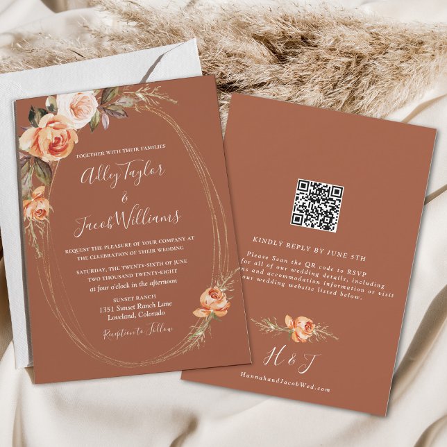 Invitation Élégant Mariage de code QR Floral Boho en terre cu (Créateur téléchargé)