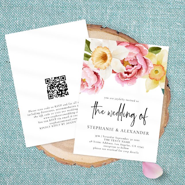 Invitation Élégant Mariage de code QR Floral Spring (Créateur téléchargé)