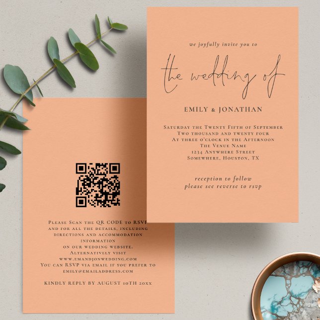 Invitation Élégant Mariage de code QR Peach Script (Frotn and back view)