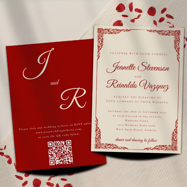 Invitation Élégant Mariage de code QR rouge en rubis monochro (Créateur téléchargé)