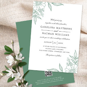 Invitation Elégant Mariage de coins floraux Mint vert QR Code