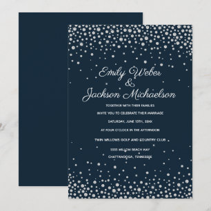 Invitation Elégant Mariage de Confetti en diamant bleu marine