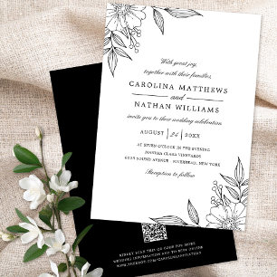 Invitation Élégant Mariage de corners floraux noir QR Code
