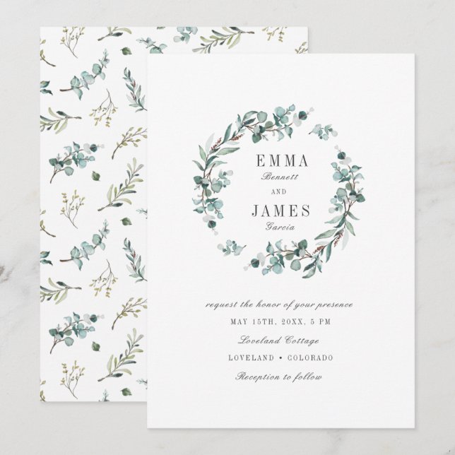 Invitation Elégant Mariage de couronnes Eucalyptus (Devant / Derrière)