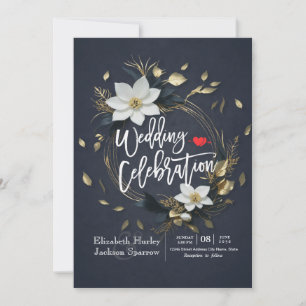 Invitation Élégant Mariage de couronnes florales noir blanc e