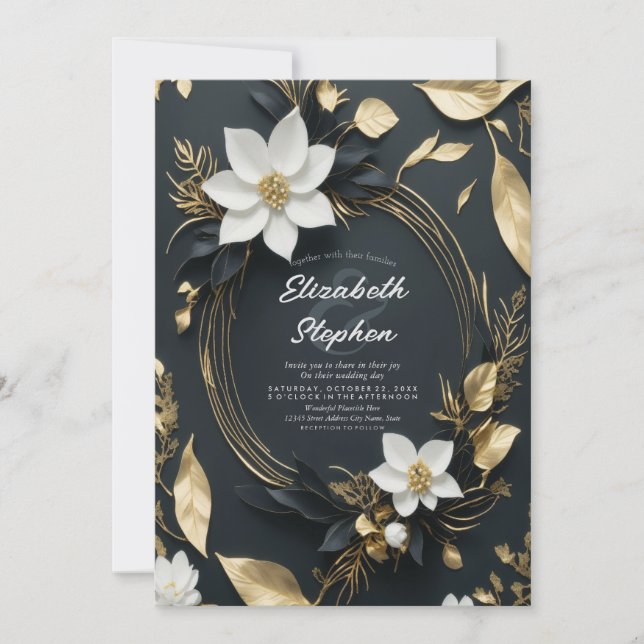 Invitation Élégant Mariage de couronnes florales noir blanc e (Devant)