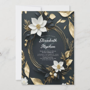 Invitation Élégant Mariage de couronnes florales noir blanc e
