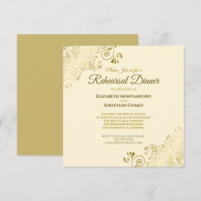 Invitation Élégant Mariage de crème dorée Dîner de répétition (Devant / Derrière)