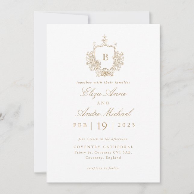 Invitation Élégant Mariage de crête de monogramme or et blanc (Devant)