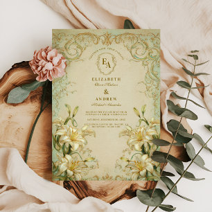 Invitation Élégant Mariage de défilement or Lily ivoire