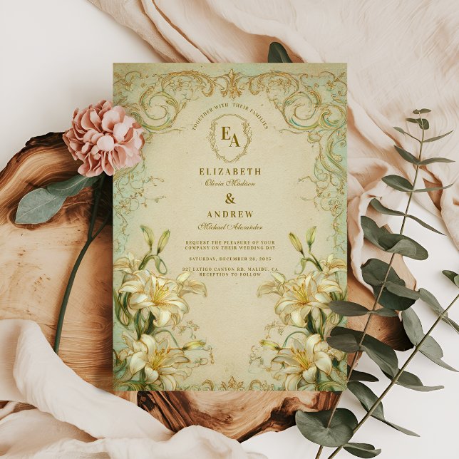 Invitation Élégant Mariage de défilement or Lily ivoire (Créateur téléchargé)