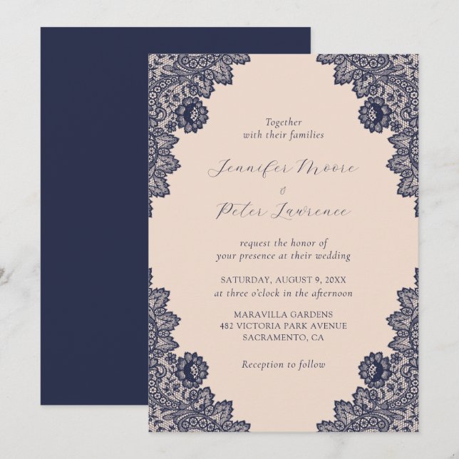 Invitation Elégant Mariage de dentelle bleu marine Champagne (Devant / Derrière)