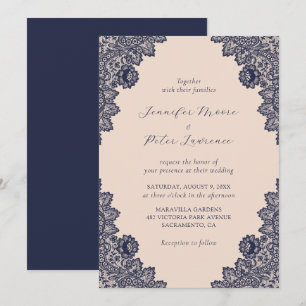 Invitation Elégant Mariage de dentelle bleu marine Champagne