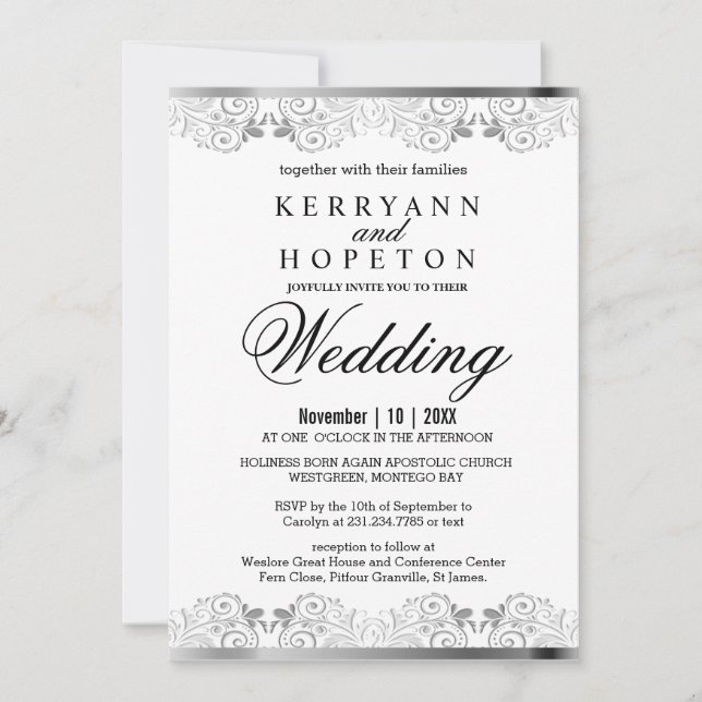 Invitation Élégant Mariage de dentelle d'argent  (Devant)