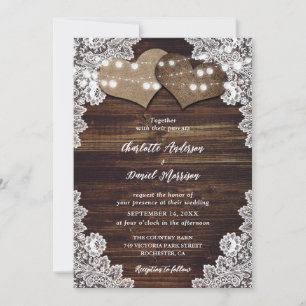 Invitation Élégant Mariage de dentelle de bois rustique