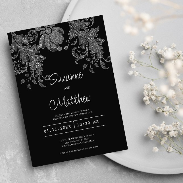 Invitation Élégant mariage de dentelle fleurie noire et blanc (Elegant black and white floral lace wedding)