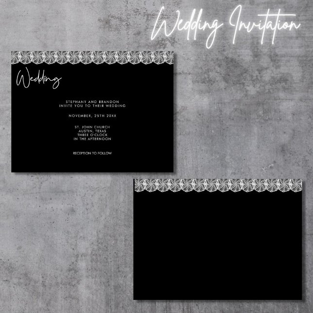 Invitation Élégant Mariage de dentelle noir et blanc (Créateur téléchargé)