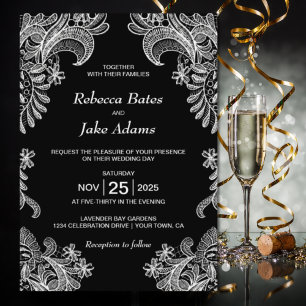 Invitation Élégant Mariage de dentelle noir et blanc