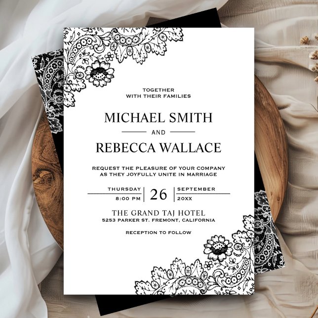 Invitation Élégant Mariage de dentelle noir et blanc (Créateur téléchargé)