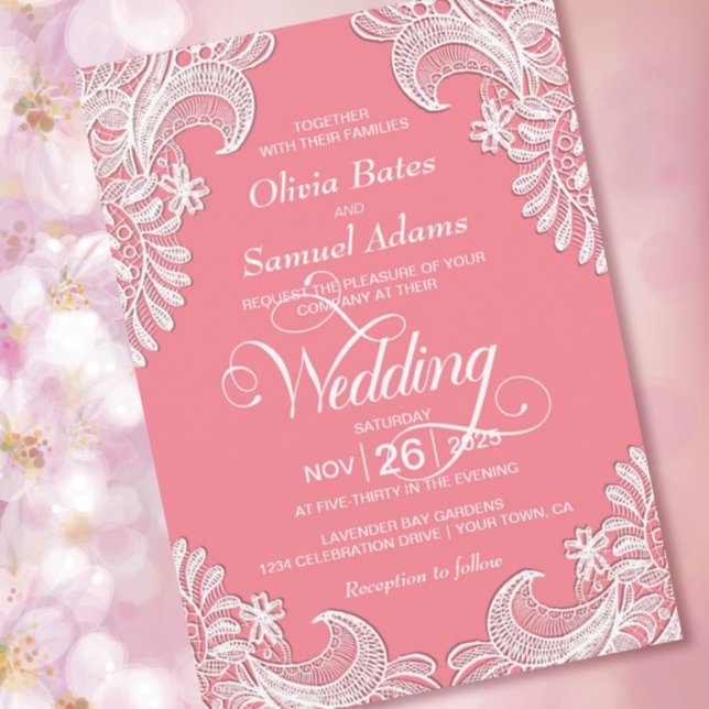 Invitation Élégant Mariage de dentelle rose (Créateur téléchargé)