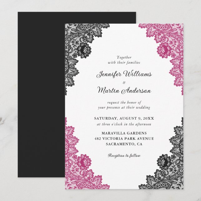 Invitation Élégant Mariage de dentelle rose chaud et noir flo (Devant / Derrière)