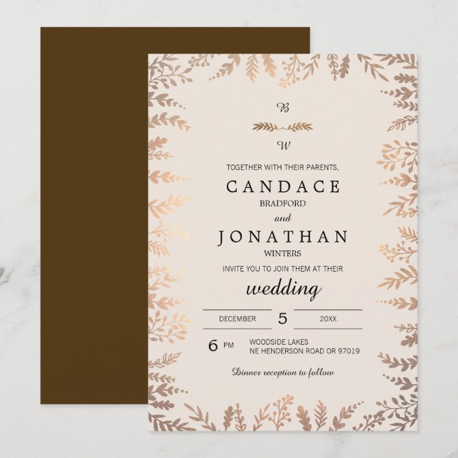 Invitation Élégant Mariage de Faux Gold Foliage (Devant / Derrière)