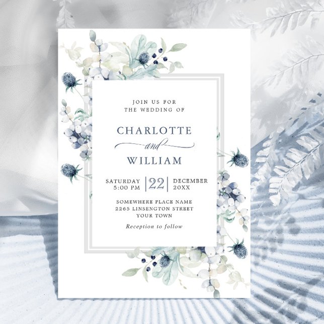 Invitation Élégant Mariage de feuillage d'hiver Dusty Blue Bo (Créateur téléchargé)