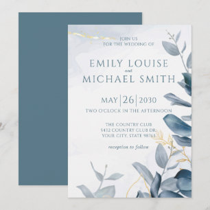 Invitation Elégant Mariage de feuillage doré bleu-bleu-bleu-b