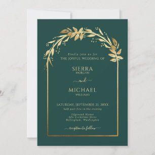 Invitation Élégant Mariage de feuillage doré vert émeraude