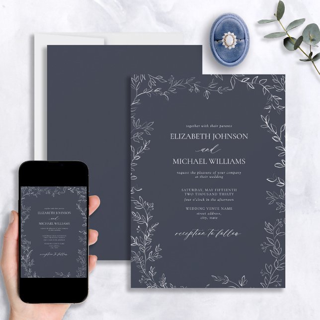 Invitation Élégant Mariage de feuille bleu minimal de la mari (Créateur téléchargé)