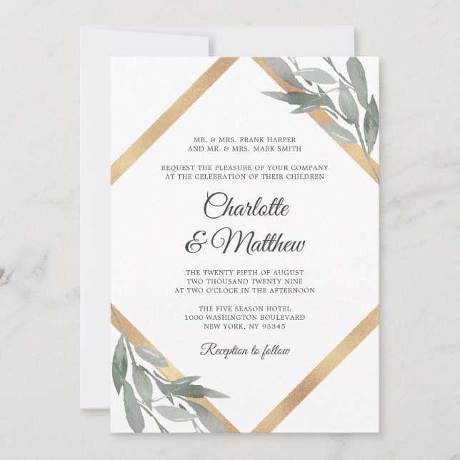 Invitation Élégant Mariage de feuille botanique de verdure or (Devant)