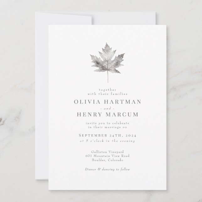Invitation Élégant Mariage de feuille d'érable argent automne (Devant)