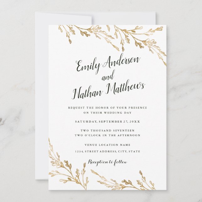 Invitation Élégant Mariage de feuille d'or moderne (Devant)